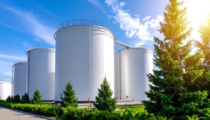 Industrial Storage Tanks: White Cylindrical Reservoirs Against a Blue Sky