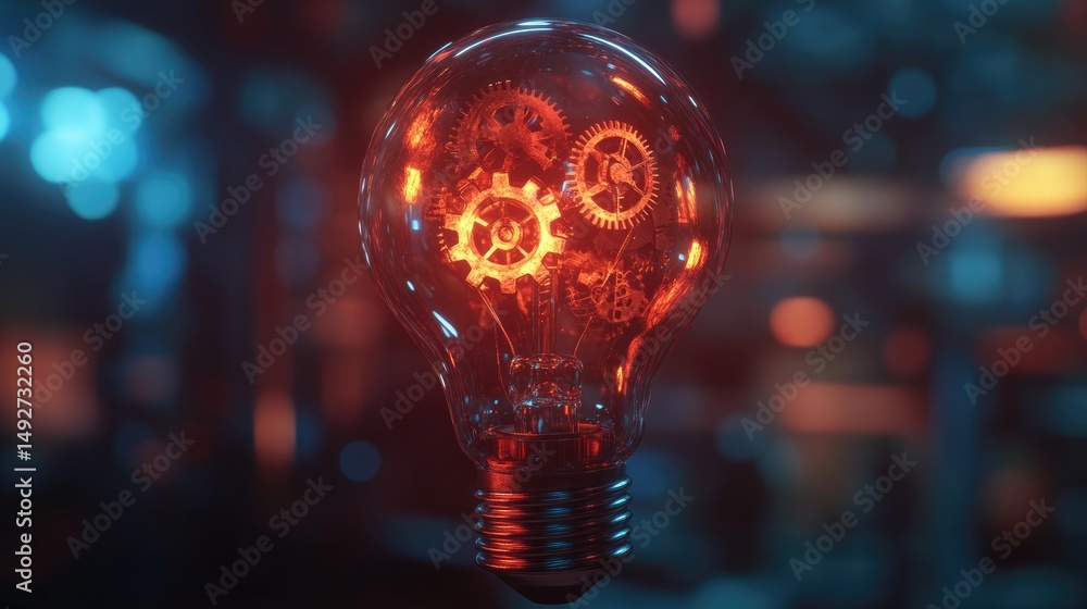 Aufkleber a close-up of an innovative light bulb featuring intricate gears inside. set against a softly lit wo