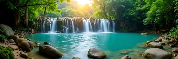 Panoramic View of Serene Tropical Waterfall in Lush Green Forest at Sunrise