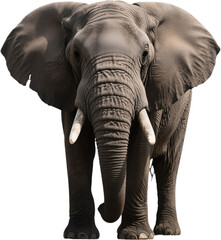 A frontal image of an African elephant as it locks eyes with the viewer showing raw power wisdom and calmness with its long tusks and gentle stance