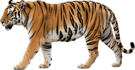 A tiger stares sharply with piercing eyes from the side as it prowls through its territory showing grace and strength in its raw and majestic form