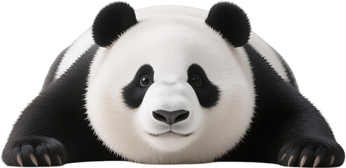 A charming panda sits heavily on its belly facing forward with tired eyes and droopy posture making it look both funny and lovable in a very relaxed state