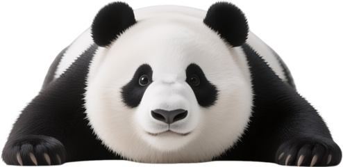 A charming panda sits heavily on its belly facing forward with tired eyes and droopy posture making it look both funny and lovable in a very relaxed state