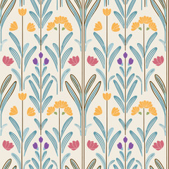 Repeating Floral Pattern With A Light Background. Key Elements Include Stylized Flowers And Leaves In Shades Of Yellow, Orange, Pink, Purple, And Blue-Green. 