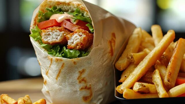 close up of a crispy chicken wrap with lettuce, tomatoes and french fries on the side