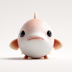 A charming cartoon fish character displays an endearing expression, featuring large eyes and soft colors. It appears joyful and ready for adventure in a whimsical underwater environment
