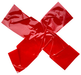 Torn crumpled cross adhesive red tape on transparent background. x sign. 2 piece of cross plastic,...