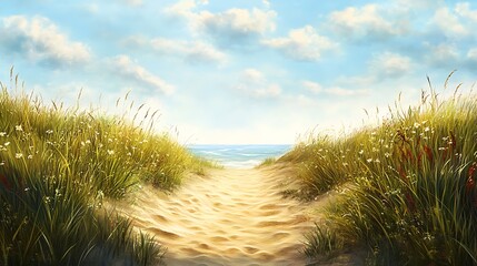 Sandy path to ocean beach landscape scene