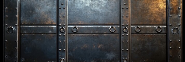 A large. rusted metal garage door in an industrial setting. showcasing wear and tear. with pipes and machinery in the background. ideal for urban decay or industrial themes