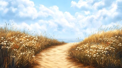 Sandy path leading to ocean under bright blue sky and white clouds