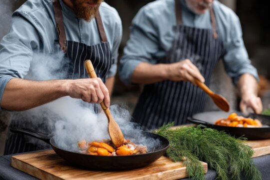 Culinary experts prepare a smoky dish with fresh ingredients at an outdoor cooking event in the countryside