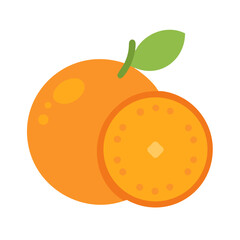 Flat orange fruit with slice and green leaf isolated