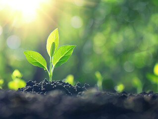 Young plant emerges from rich soil, symbolizing growth and renewal in vibrant, sunlit environment