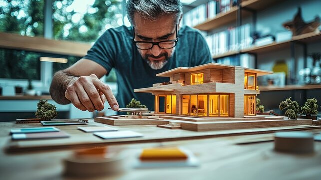 Focused architect examines house model