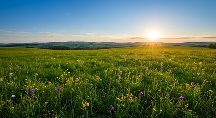 Fototapeta premium A rolling green meadow dotted with wildflowers beneath blue skies 