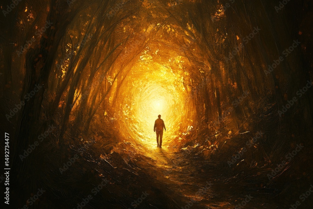 Poster a solitary figure walks through a mystical forest path illuminated by a golden light. surrounded by 