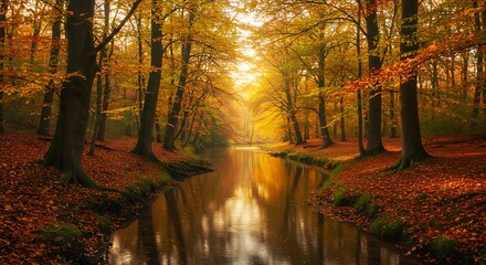 Fototapeta premium A winding river cutting through autumnal woodland with golden leaves 