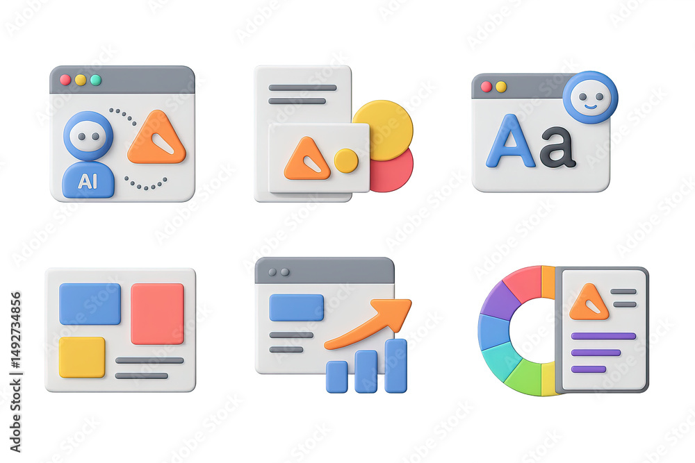 Aufkleber web design 3d icons set – creative, colorful, interface and ui elements