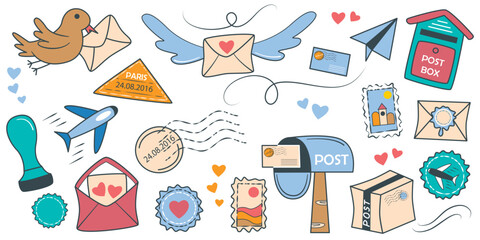Set of color icons on the topic of postal items, parcels and letters. Clip art - mailbox, envelope, airplane, stamp, stamp, message, parcel. Vector element