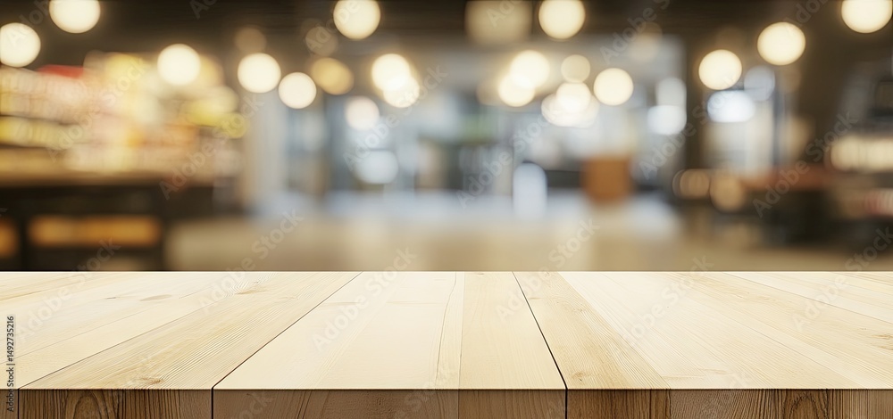 Poster a rustic wooden table in a cozy caf? setting. with blurred lights and greenery in the background. cr
