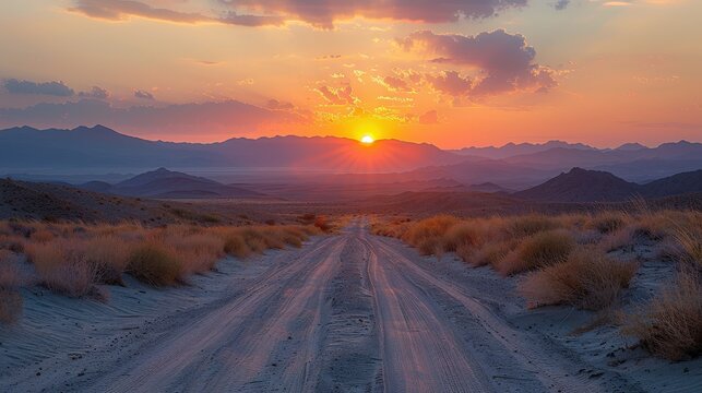 Golden sun descends over a winding desert track, bathing the expansive landscape in warm, dramatic light, creating a peaceful journey