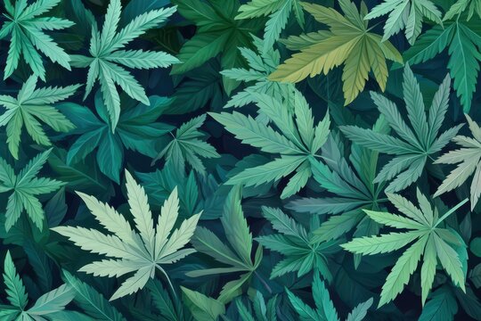 Fototapeta Dense illustration of cannabis leaves, in varying shades of green. Good for backgrounds, textures, or themes related to nature.