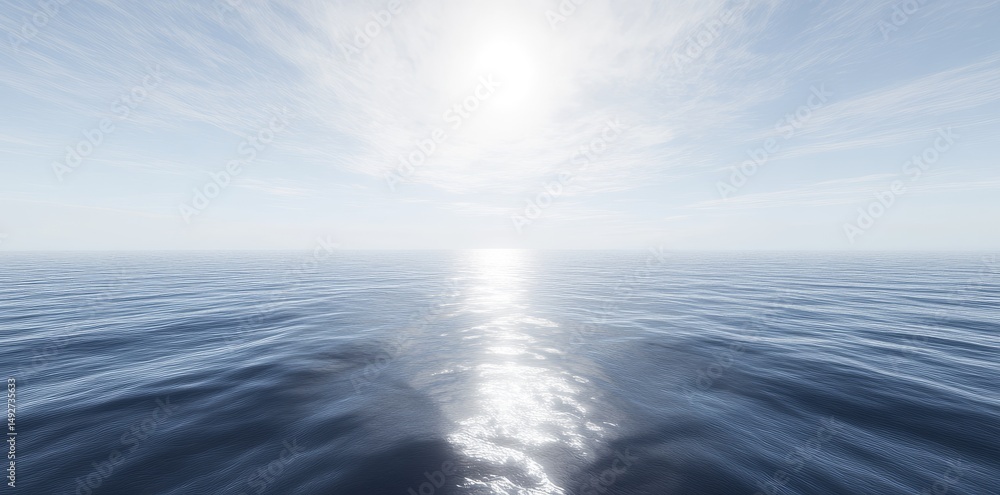 Poster a serene view of calm ocean waves under a bright blue sky. with fluffy clouds scattered above. creat