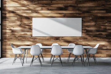 Modern conference room featuring a long white table surrounded by sleek chairs. with natural light streaming through large windows and a blank canvas on the wooden wall