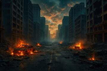 Fototapeta premium Post-apocalyptic city street in flames surrounded by destroyed buildings under a dramatic smoky sky