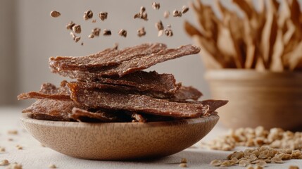 Beef jerky creation local butcher shop food photography rustic kitchen close-up dry meat delicacies