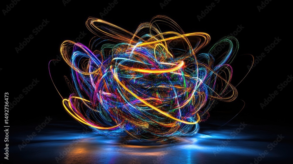 Poster an abstract swirl of neon lines and shapes converges into a digital vortex, evoking motion, energy, 