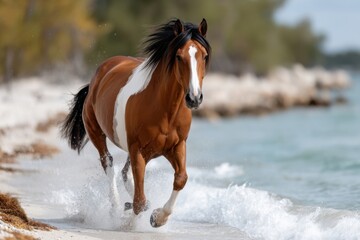 Horse galloping along the beach on a sunny day with splashes of water in the background