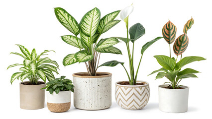 Obraz premium Assortment of potted houseplants with different leaf patterns and pot designs on white background