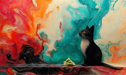 Black and white cat on abstract background