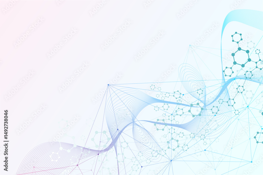 Poster science network pattern, connecting lines and dots. technology hexagons structure or molecular conne