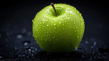 Closeup of a Green Apple Covered in Water Droplets on a Dark Surface