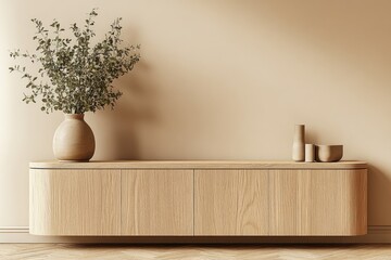 A modern wooden sideboard featuring a woven rattan front. adorned with a minimalist vase holding dried pampas grass. set against a softly lit. neutral-toned wall