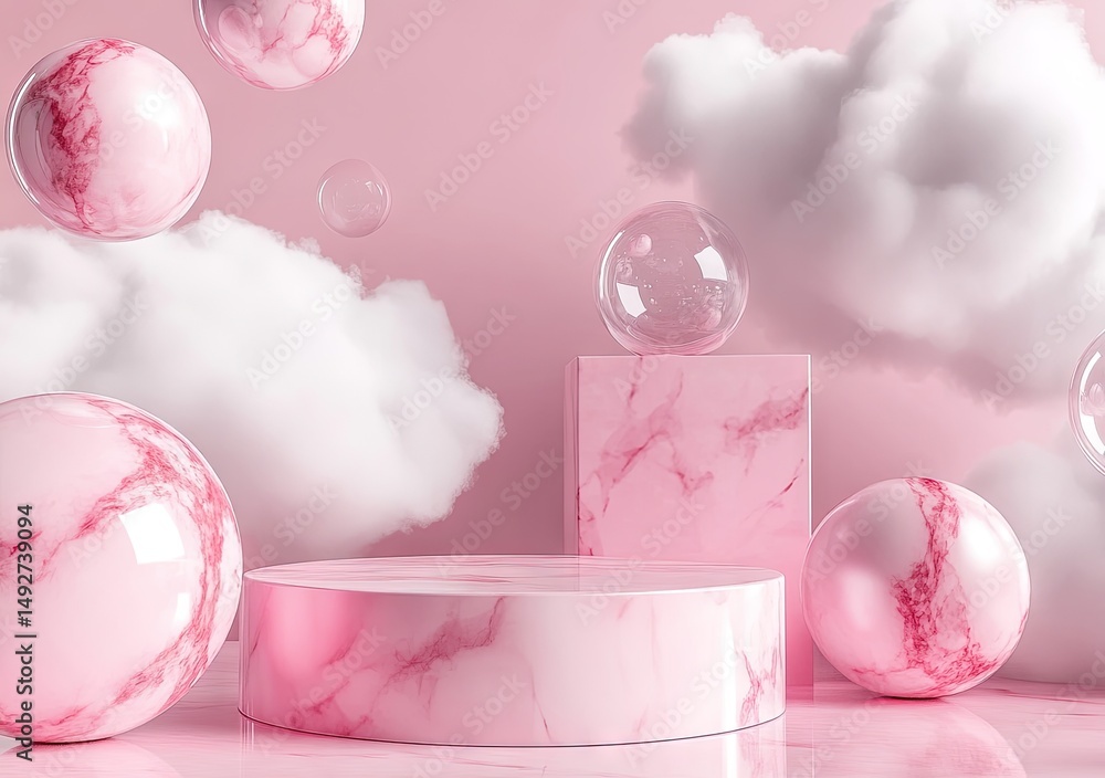 Poster a serene pink marble display featuring a circular pedestal and translucent spheres. set against a so