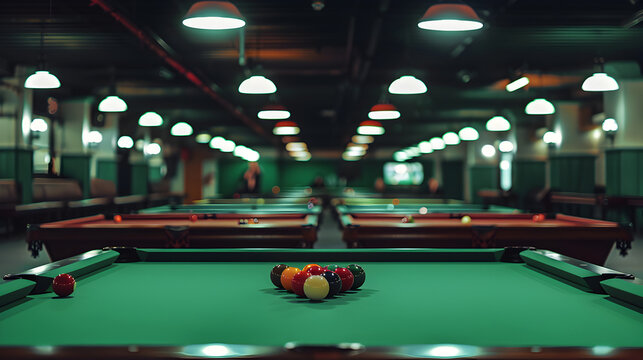 A view of a pool hall with multiple tables and billiard balls under bright overhead lighting system