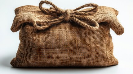 A burlap sack tied with twine on a white surface in a studio setting today