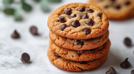 Close up of a stack of chocolate chip cookies with scattered chocolate chips