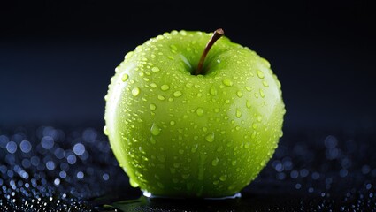 Closeup of a Green Apple Covered in Water Droplets on a Dark Surface