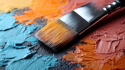 Fototapeta premium Close up of Paintbrush on Textured Oil Paint Canvas Vibrant Colors Artistic Supplies