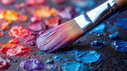 Fototapeta premium Vibrant Oil Paint Palette with Artist Brush Close up Macro Photography of Colorful Pigments