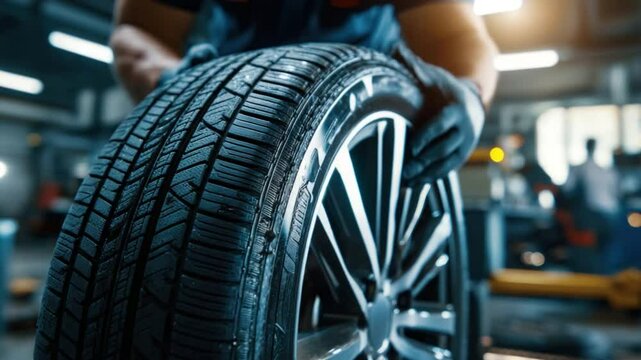 Tire replacement in a garage: A skilled mechanic is changing the tire of a car in a garage. Focus on the tire.