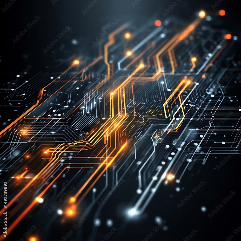 Poster illuminated electronic pathways converging on a central processor under dark conditions