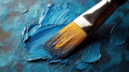 Fototapeta premium Close up of Paintbrush Applying Deep Teal Acrylic Paint to Canvas Texture