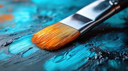 Obraz premium Close up of Paintbrush on Vibrant Teal and Orange Acrylic Painting Canvas Texture