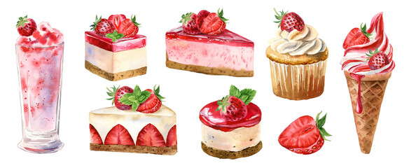 watercolor dessert set - strawberry cakes, ice cream & milkshakes for summer weddings, invitations and banners