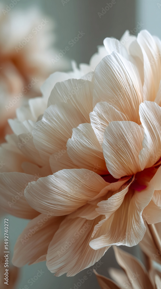 Poster close-up of peach-colored paper flower petals, showcasing delicate texture and soft folds, symbolizi